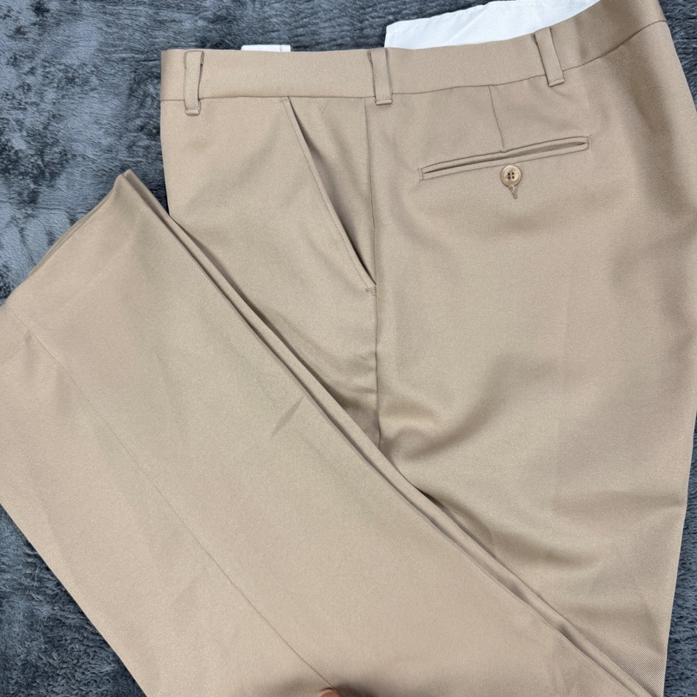Perma-Prest Flexslax Trousers Men 44x30‎ Tan Full Fit Vintage Slacks